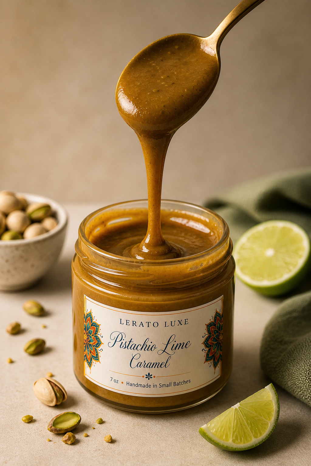 Pistachio Lime Caramel Spread , Small Batch, 7 oz